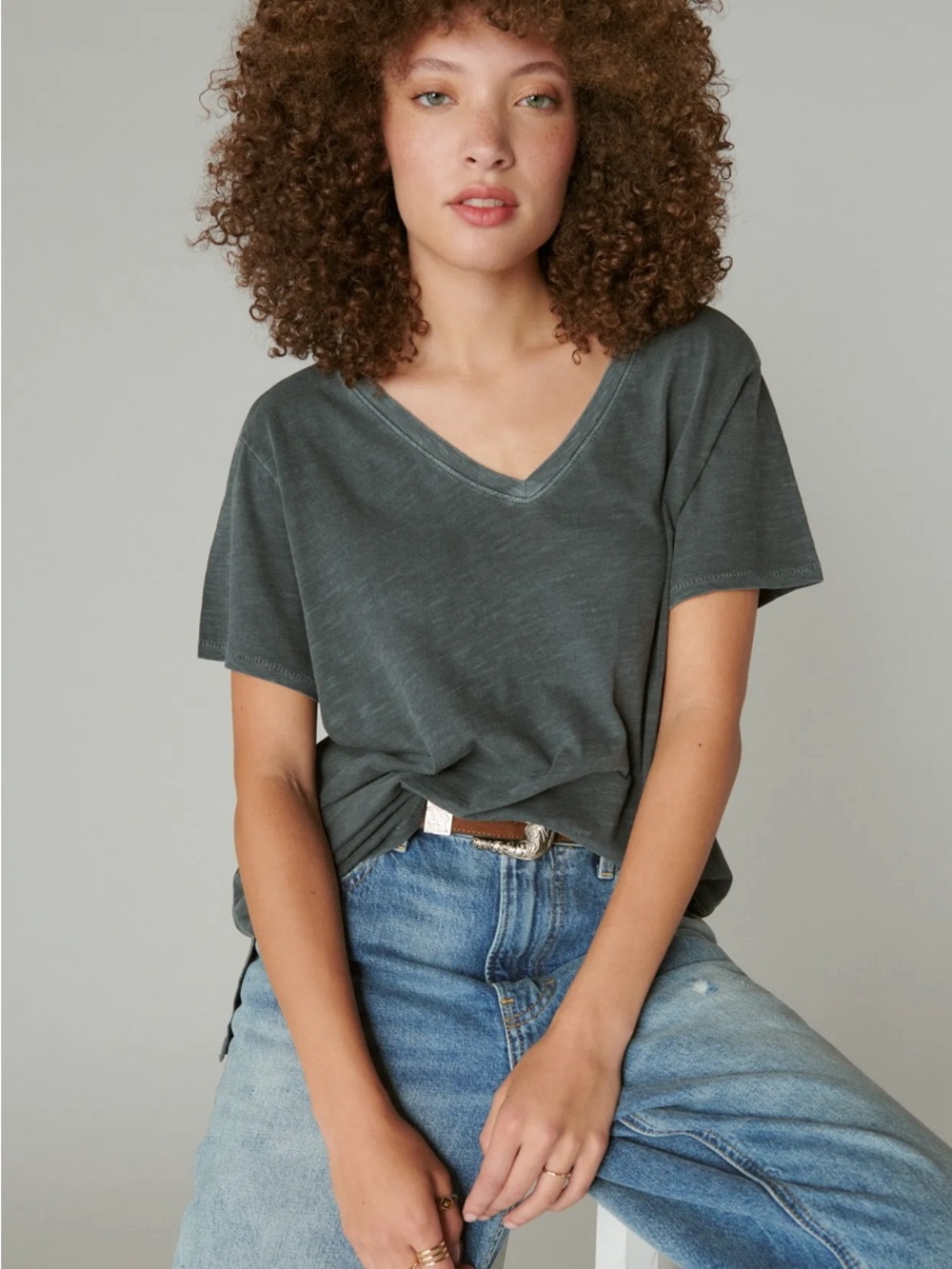 Lucky Brand Vintage V-Neck Tee in Charcoal Gray - Women's Top